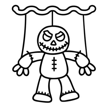 Voodoo Doll Puppet Hanging - Creepy Halloween Character with Strings, Dark Magic and Witchcraft Horror Illustration