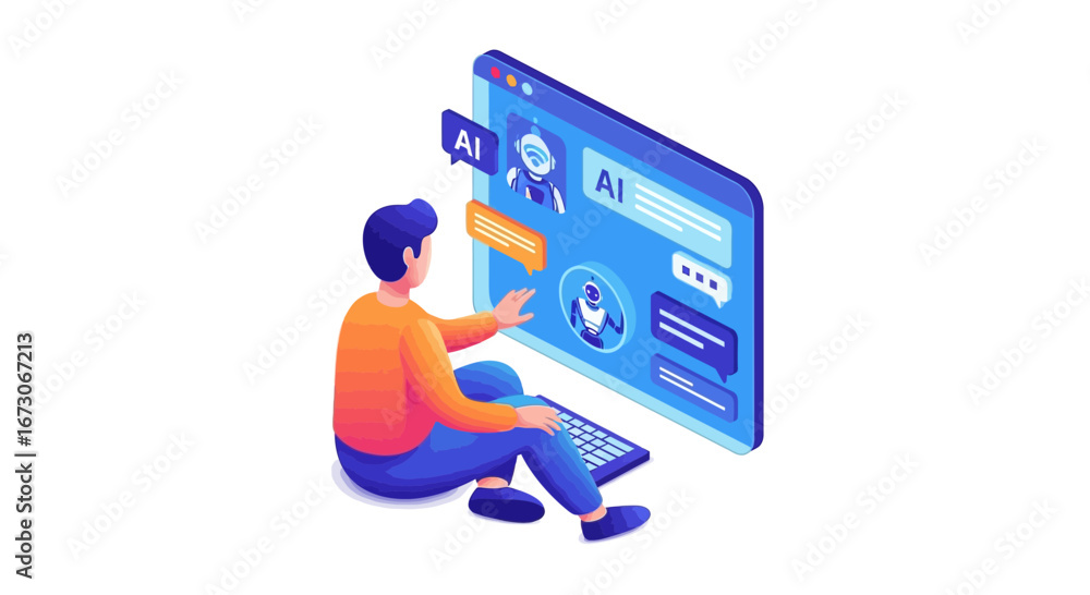 Fototapete a person sitting on the floor interacts with an artificial intelligence chatbot on a large computer 