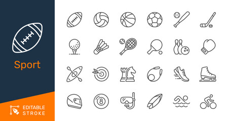 Sport thin line icon collection for games, activities, exercise and competition concept. Editable stroke. Pixel perfect.