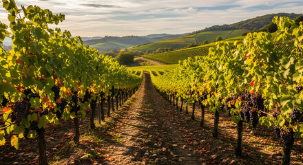 Vineyard Vista: A serene depiction of neat rows of grapevines heavy with ripe fruit, stretching across rolling hills under a tranquil sky evoking the essence of wine country and agricultural abundance