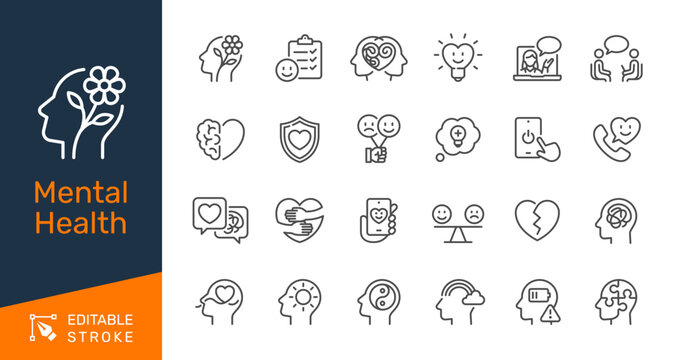 Mental health thin line icon collection for psychology, wellbeing, emotional support and therapy concept. Editable stroke. Pixel perfect.