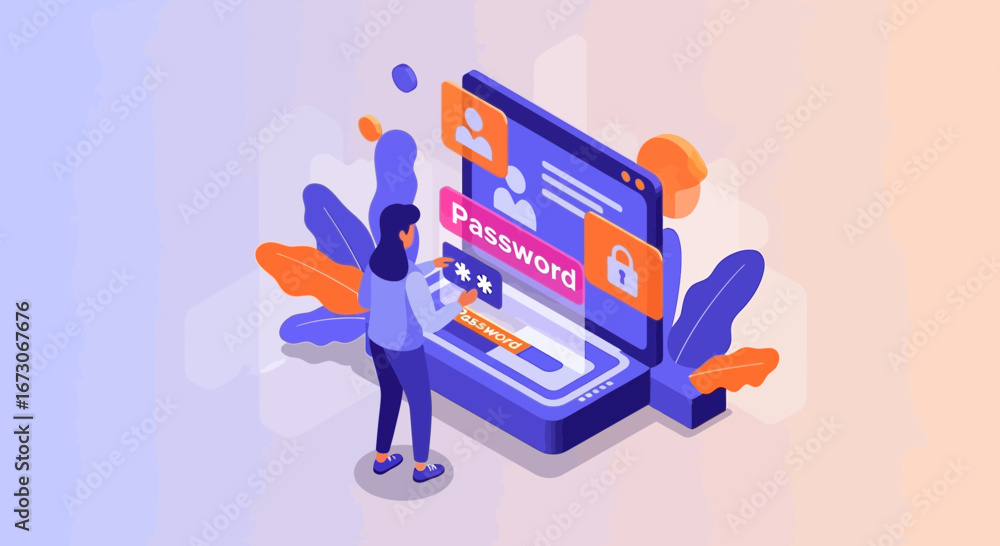 Poster isometric illustration of a woman entering a password on a large digital login screen for secure acc