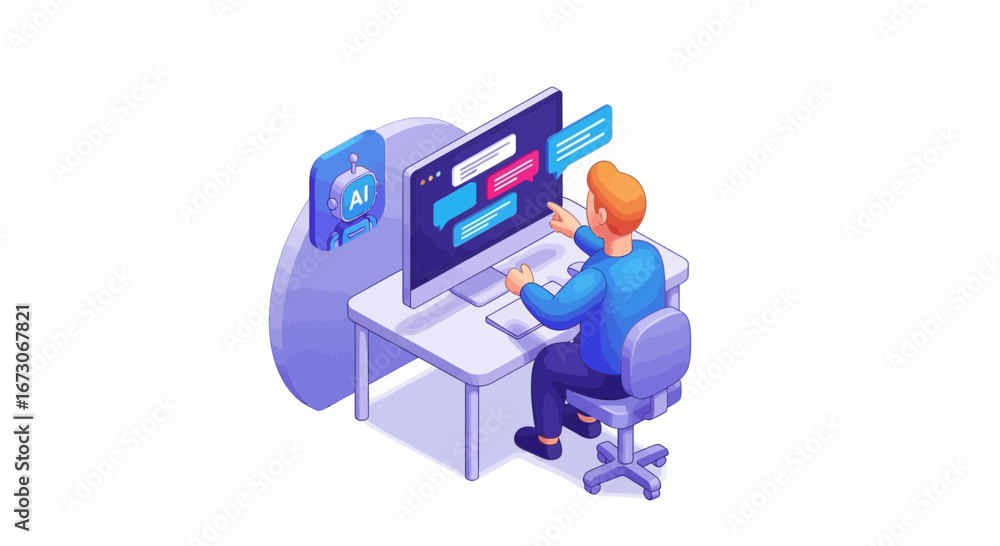 Poster isometric illustration of a person sitting at a desk and communicating with an artificial intelligen
