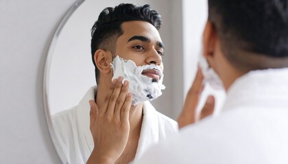 Man in bathrobe applies shaving cream to his face, reflected in a mirror