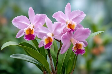 Obraz premium Close-up of pink Cattleya orchid flowers blooming in a botanical garden