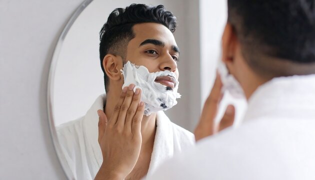 Man in bathrobe applies shaving cream to his face, reflected in a mirror - Powered by Adobe