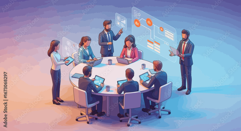 Poster a team of business professionals collaborating in a futuristic meeting room using holographic displa