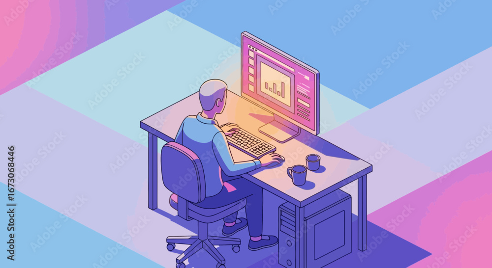 Poster isometric illustration of a person working at a desk on a desktop computer with data charts on the s