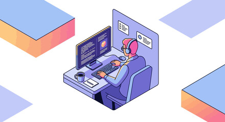 Obraz premium Isometric illustration of a programmer or developer coding at a computer desk in a modern workspace.