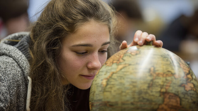 A young student closely observing a vintage-style globe, engaging in global exploration. Great for education, geography themes, learning resources, and editorial.