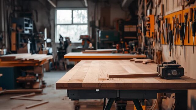 Woodworking workshop in a spacious environment with tools and materials ready for crafting