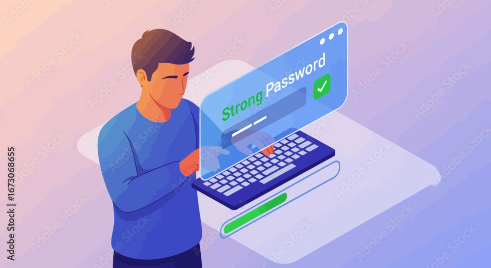 Aufkleber isometric illustration of a man creating a strong password on a computer for online security and dat