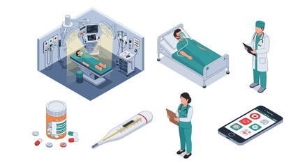 Isometric illustrations of modern healthcare elements including surgery, patient care, and medical technology.