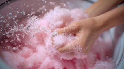 Hands washing pink clothes in a washing machine with lots of foam