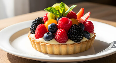 Exquisite fruit tart, showcasing a symphony of vibrant colors and textures, tantalizing the senses with its delicate pastry, creamy filling and luscious fresh berries, evoking a feeling of delight