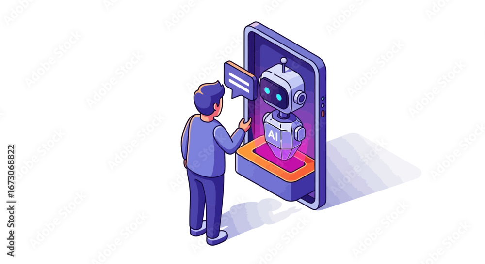 Poster a person interacts with an artificial intelligence chatbot assistant on a large smartphone screen in