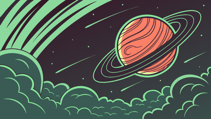 Explore outer space illustration of saturn planet with rings and comets in a galaxy background design