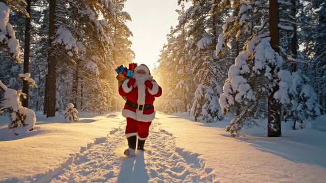 Santa Claus Walking in Snowy Winter Forest