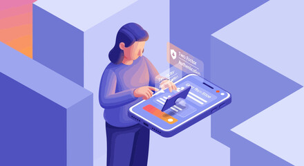 Isometric illustration of a woman using a large smartphone and smartwatch with a futuristic holographic user interface.