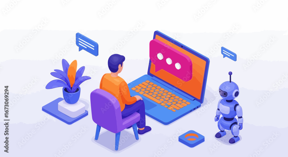 Fototapete isometric illustration of a man at a desk using a laptop to communicate with an ai chatbot and a rob