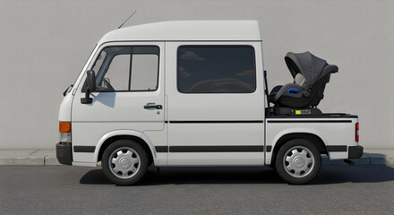 White Van with Baby Car Seat Parked on the Street