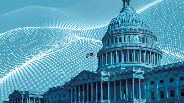 Concept of digital governance, cybersecurity, and modern politics with the US Capitol Building and abstract data flow