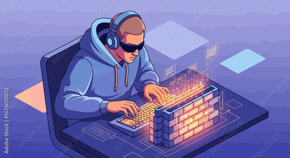 Aufkleber illustration of a cybersecurity expert in a hoodie building a glowing digital firewall while coding 