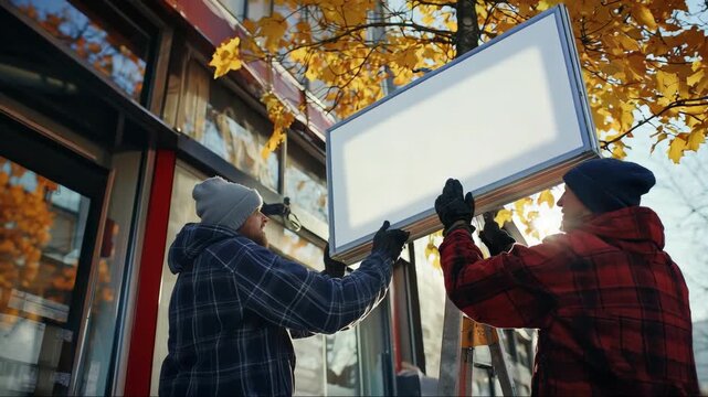 Workers installing a blank sign frame on a storefront in autumn while surrounded by colorful foliage and warm sunlight