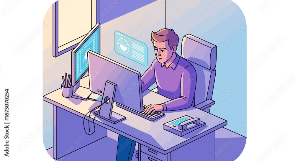 Poster isometric illustration of a man working diligently at his desk with a dual-monitor computer setup in