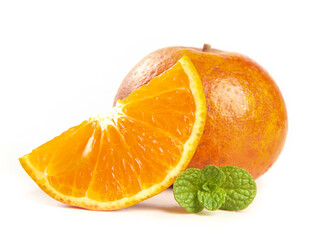 Fresh Orange Slice with Mint Leaf - Guangxi Plateau Citrus Fruit on White Background