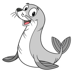 Cartoon seal with light gray body and white belly, sitting upright, front flippers out, tail curved up, wide smile, and large expressive eyes.