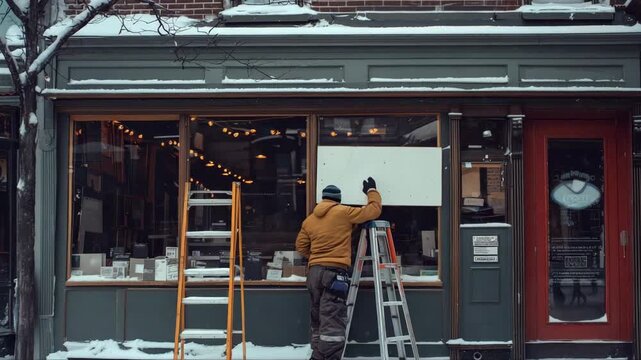 Worker prepares storefront signage during winter snowfall in downtown area, enhancing local business visibility and customer engagement