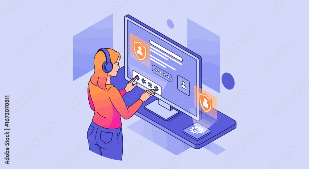 Poster a woman with headphones interacts with a futuristic computer interface, managing user profiles and s