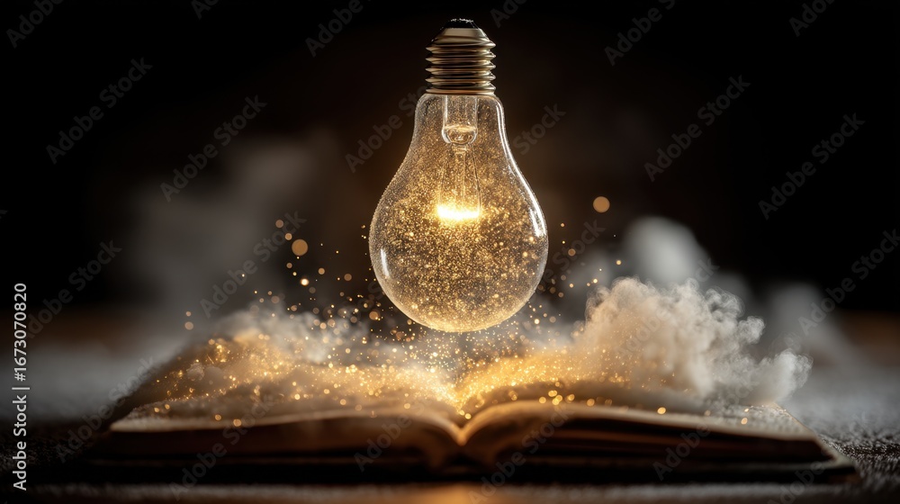 Poster magical light bulb hovering above an open book surrounded by glowing particles and ethereal clouds i