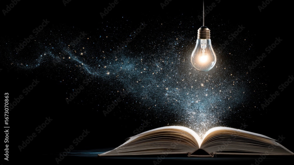 Poster open book with light bulb and cosmic elements representing knowledge and imagination in a creative c