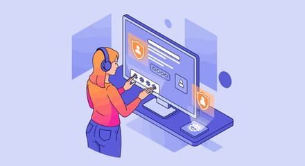 A woman with headphones interacts with a futuristic computer interface, managing user profiles and security settings in an isometric illustration.