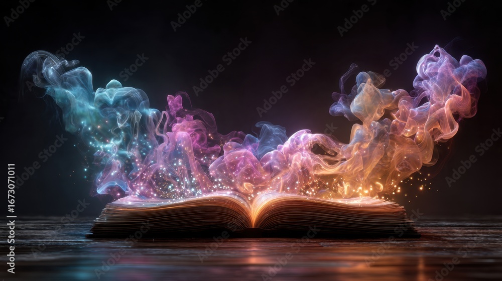 Poster Enchanted Book with Colorful Smoke and Sparkles Rising from Open Pages in Dark Ambient Background