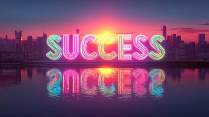 Vibrant Neon Sign of Success Over City Skyline at Sunrise with Reflection in Water for Motivational Themes and Concepts