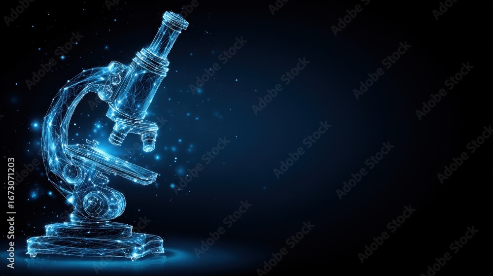 Poster high-tech futuristic microscope with digital design elements on a dark background for scientific exp