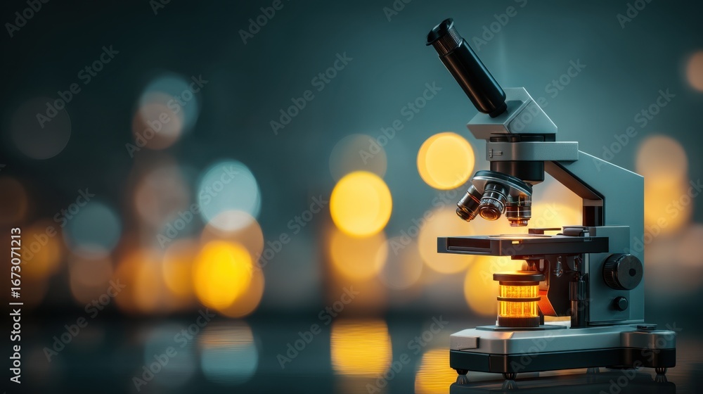 Poster professional laboratory microscope with illuminated sample on a reflective surface in a blurred back
