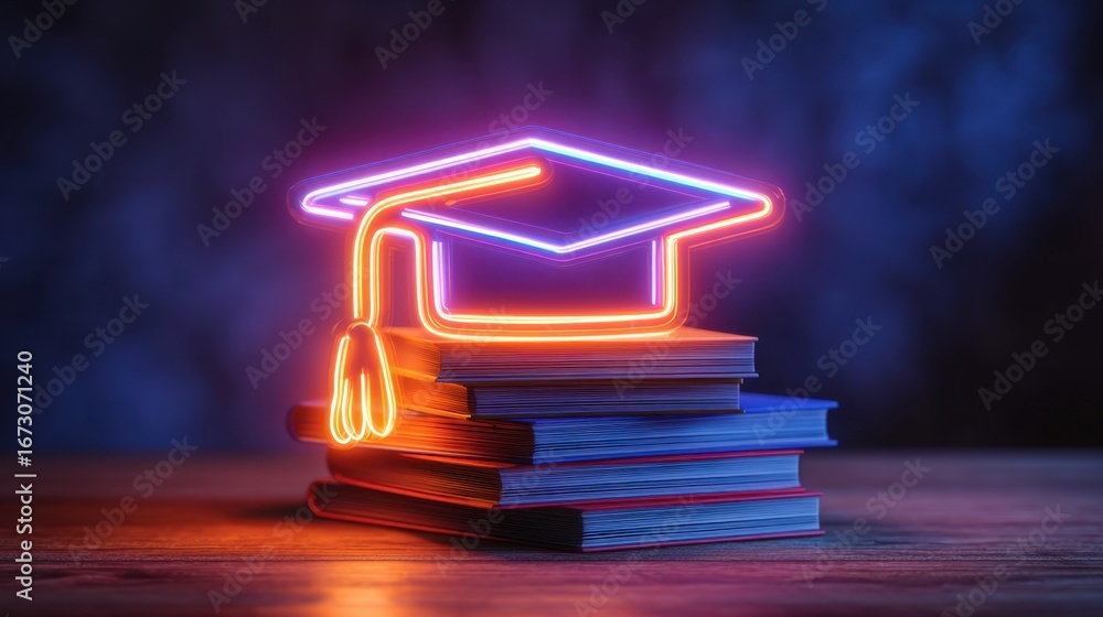 Poster neon graduation cap illuminating a stack of books on a rustic wooden table in a dimly lit environmen