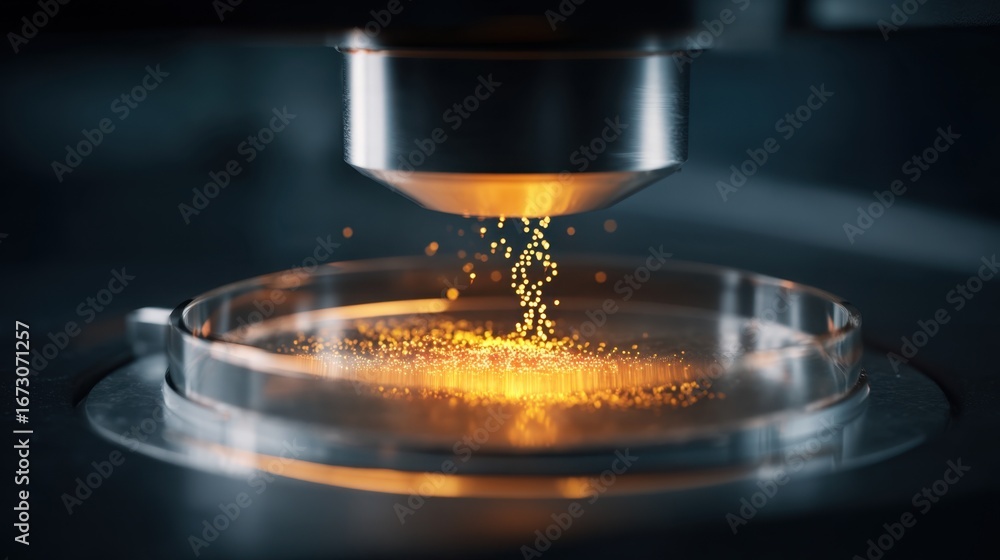 Poster close-up of advanced laser technology creating sparkling particles in laboratory glassware for scien
