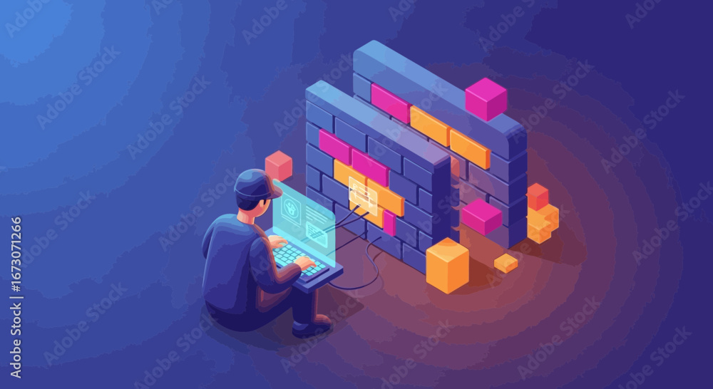 Aufkleber isometric illustration of a developer or hacker working on a laptop to breach a digital firewall.