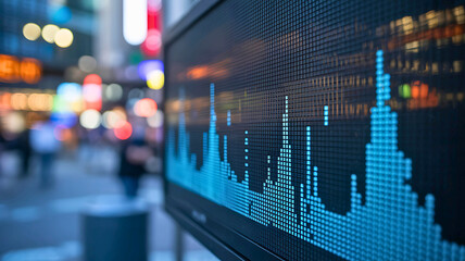Dynamic stock market chart glowing on a monitor against a vibrant, blurred urban cityscape at night