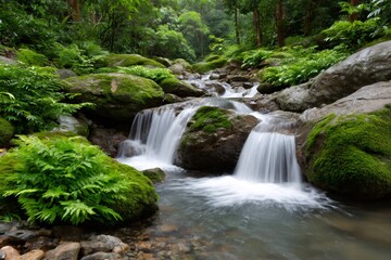 Pristine waterfalls cascading through lush green forest