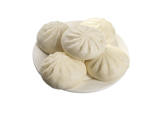 Obraz premium Steamed Pork Buns with White Sauce on Plate - Traditional Asian Dumplings on White Background