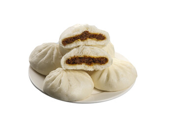 Steamed Pork Buns with Meat Filling on White Plate - Traditional Asian Dim Sum Dumplings