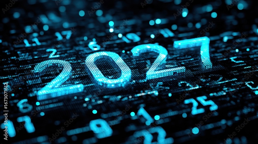 Aufkleber digital representation of year 2027 with glowing blue numbers on abstract data background