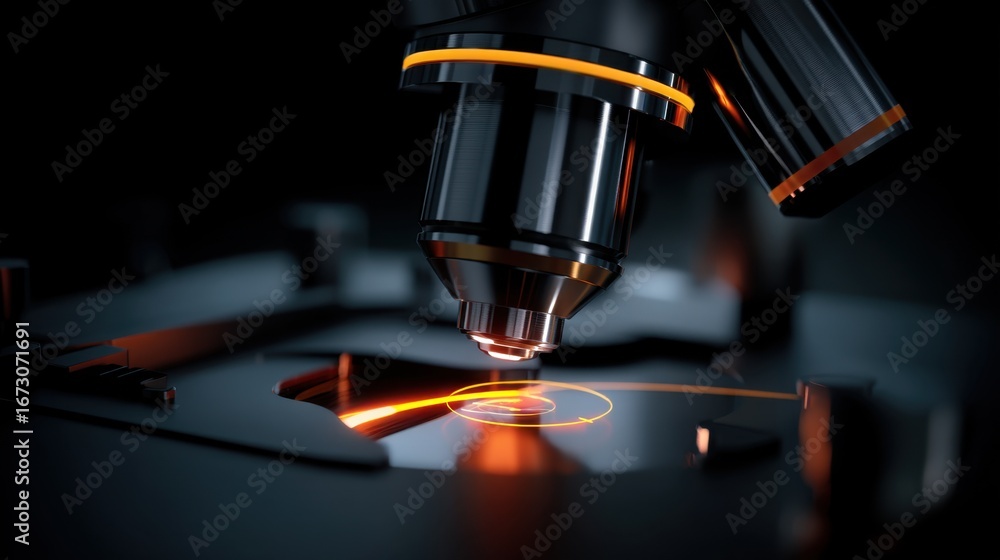 Poster close-up view of advanced microscope with illuminated slide for scientific research and laboratory a