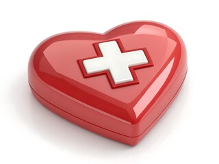 Red heart shaped first aid kit with white cross symbol
